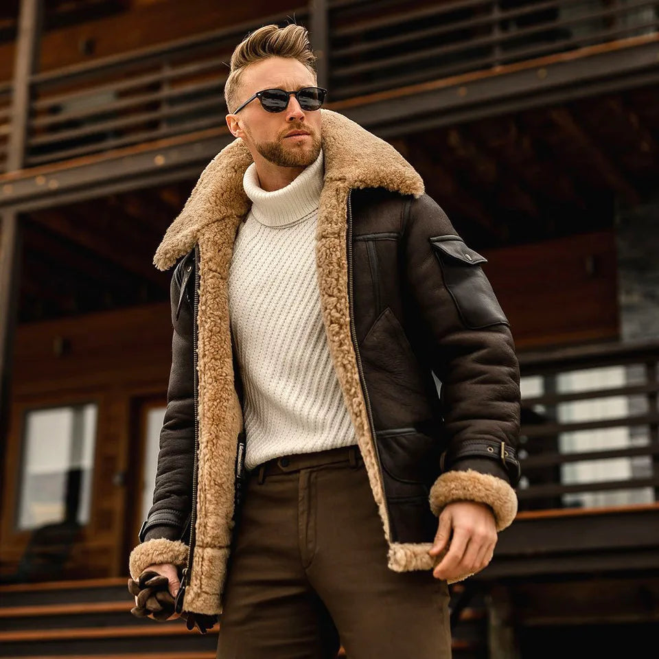 2025 Winter Men Plush Jacket Vintage Turn Down Collar Male Cargo Coat Thicken Fleece Long Sleeve Pocket Zipper Man Outerwear