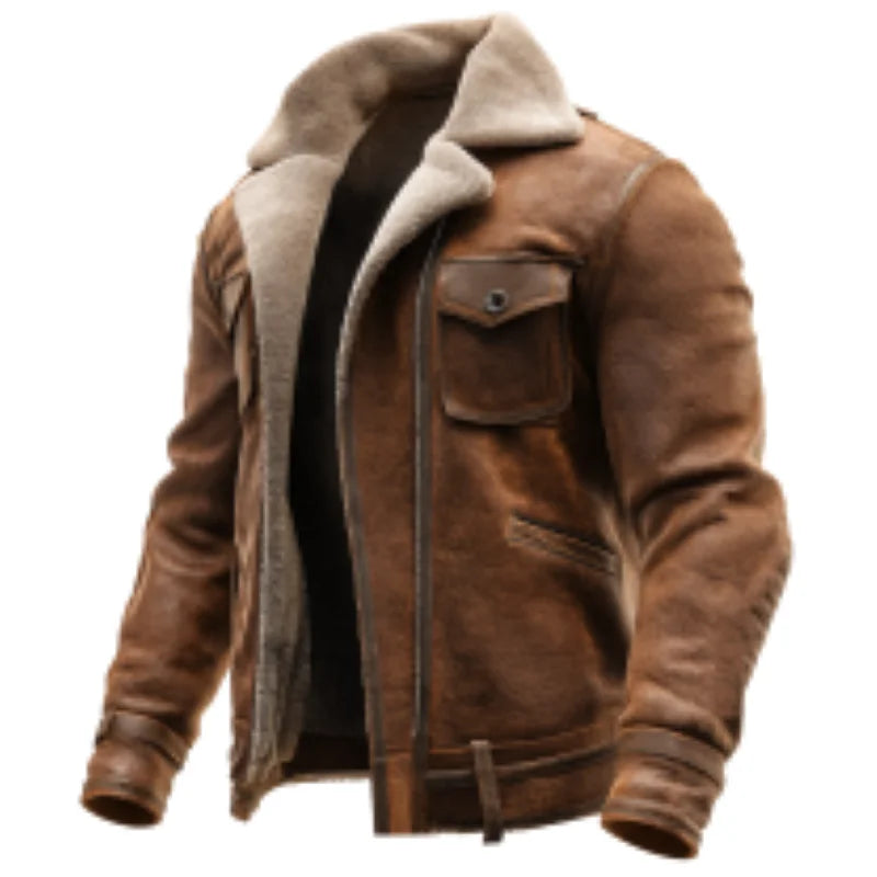 2025 Mens Brown Suede Leather Jacket Vintage Style Faux Shearling Lining Winter Warm Biker Coat Retro Aviation Outerwear