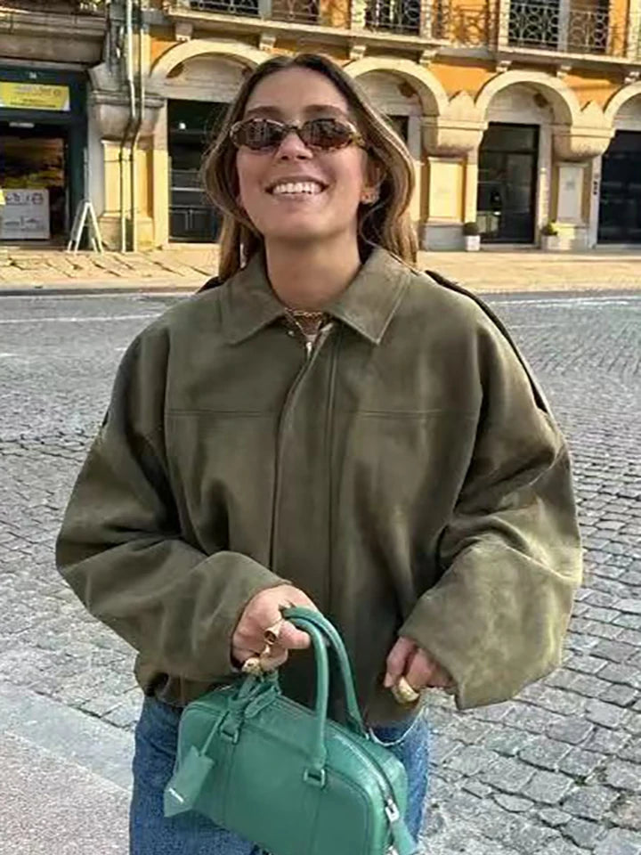 Vintage Women Green Oversize Bomber Jackets 2025 Fashion Ladies Elegant Loose Soft Outfits Jacket for Party Female Chic Clothes
