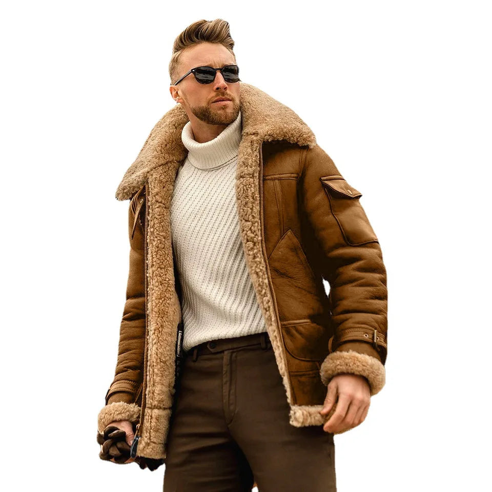 2025 Winter Men Plush Jacket Vintage Turn Down Collar Male Cargo Coat Thicken Fleece Long Sleeve Pocket Zipper Man Outerwear