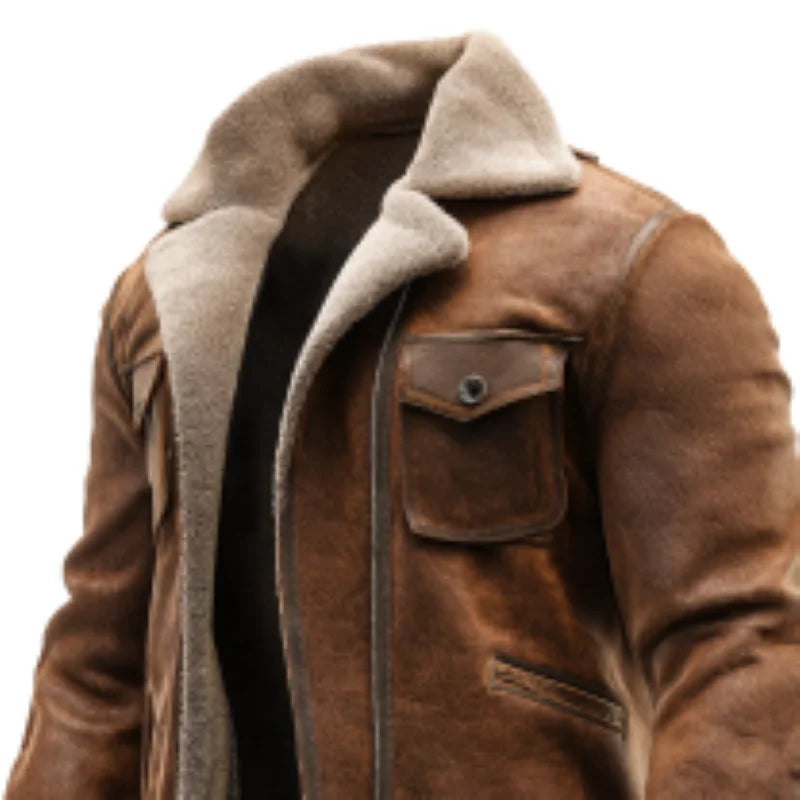 2025 Mens Brown Suede Leather Jacket Vintage Style Faux Shearling Lining Winter Warm Biker Coat Retro Aviation Outerwear