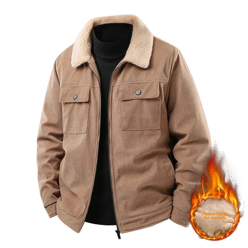 Men's Wool and Thick Corduroy Workwear for Autumn and Winter, Fashionable and Casual, Loose Fitting Men's Warm Cotton Jacket