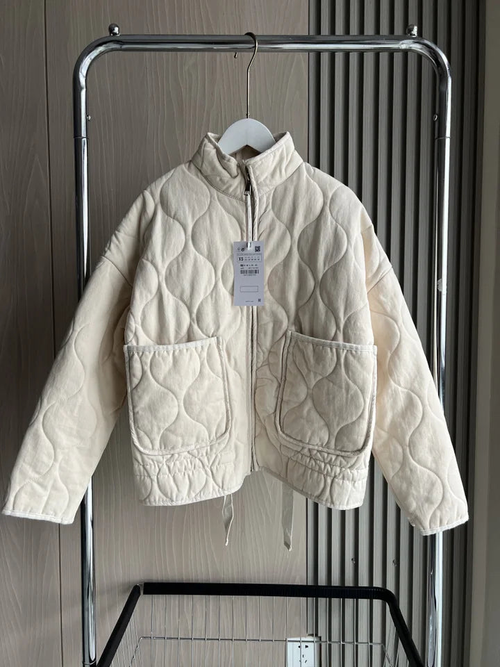 ZW Women's Cotton Jacket  2025 New Arrival Vintage Lenzing Rayon High Collar Large Pocket Decorative Quilted Coat for Women
