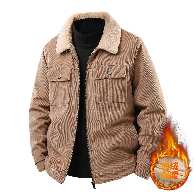 Men's Wool and Thick Corduroy Workwear for Autumn and Winter, Fashionable and Casual, Loose Fitting Men's Warm Cotton Jacket