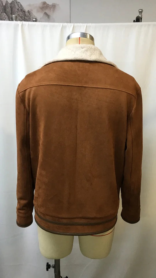 2025 Mens Brown Suede Leather Jacket Vintage Style Faux Shearling Lining Winter Warm Biker Coat Retro Aviation Outerwear