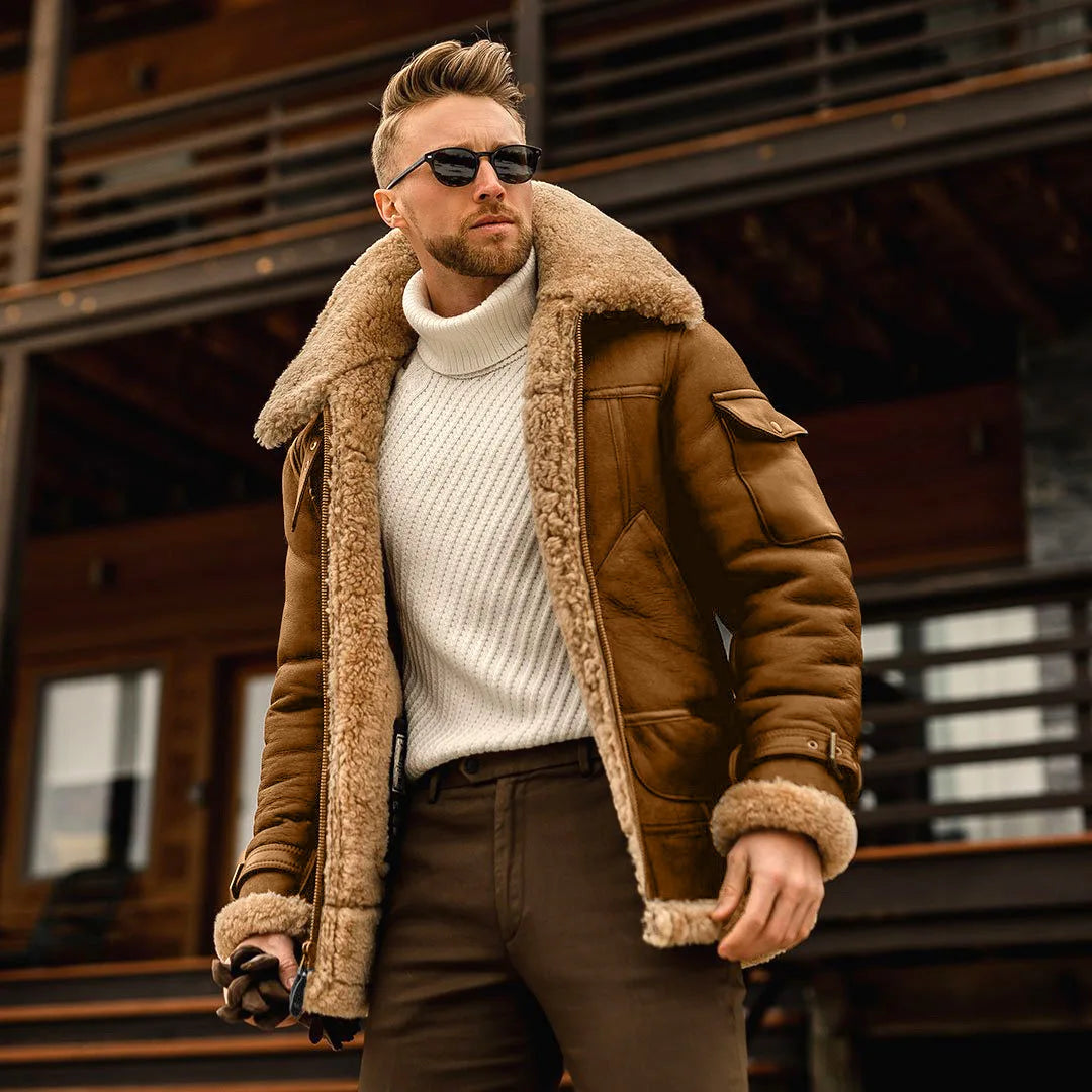2025 Winter Men Plush Jacket Vintage Turn Down Collar Male Cargo Coat Thicken Fleece Long Sleeve Pocket Zipper Man Outerwear