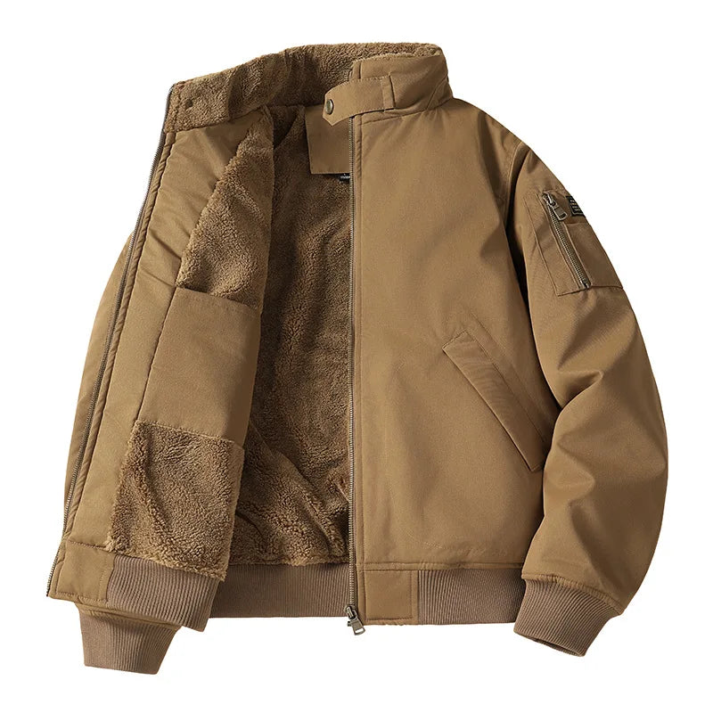 Mens Flight Jacket Winter Thick Fleece Lined Workwear Style Multiple Pockets Loose Fit Casual Aviator Coat Warm