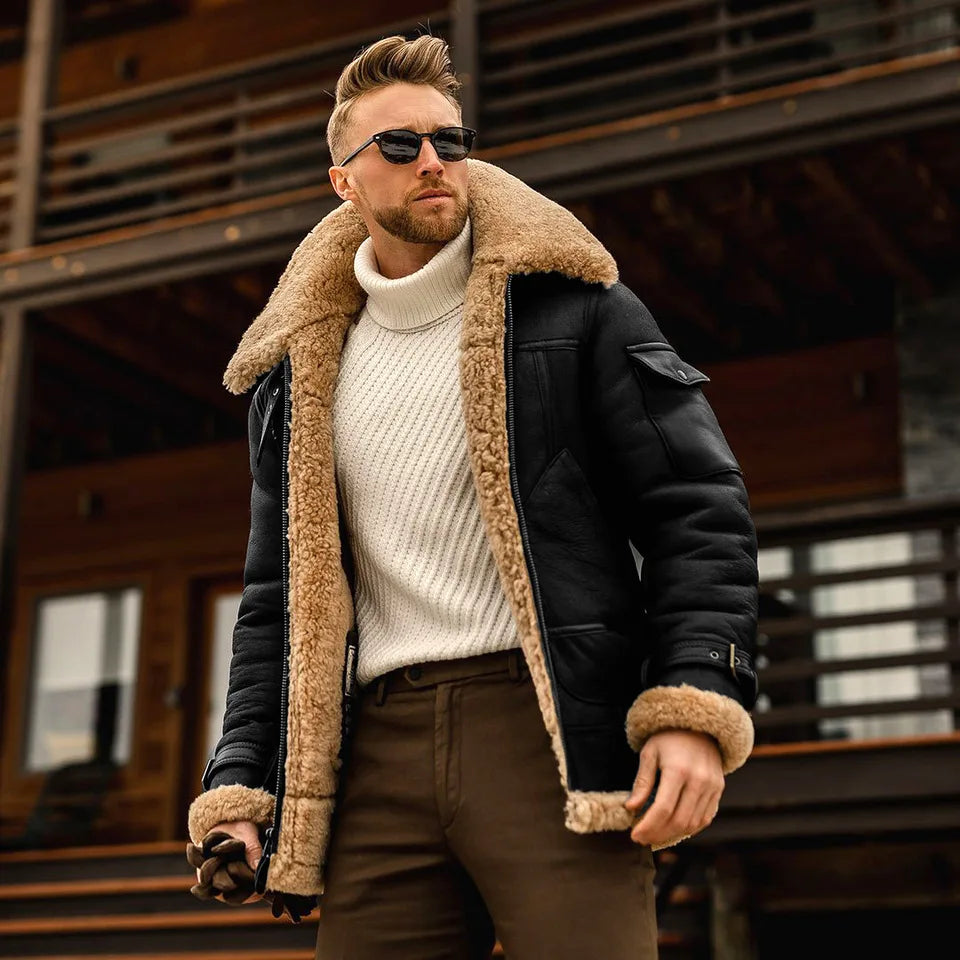 2025 Winter Men Plush Jacket Vintage Turn Down Collar Male Cargo Coat Thicken Fleece Long Sleeve Pocket Zipper Man Outerwear