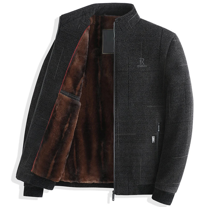 Luxury Autumn Winter Warm Parka Jacket Men Fleece Casual Vintage Parkas Outerwear Solid Color Mens Fashion Stand Collar Jackets